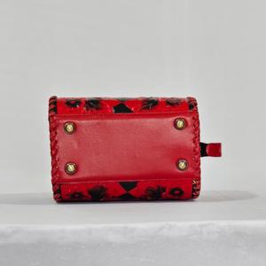 Luxury Red Leather Mini Speedy <b>Bag</b> Floral Pattern Checkerboard Design Zipper Closure Durable - Product Image 2