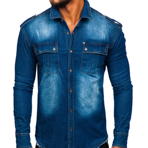 Chemise en jean pour homme, double boutonnage, manches longues, couleur unie, col rabattu, style vintage, coupe ajustée, séchage rapide, coton délavé - Product Image 1