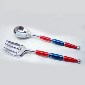 Mango de madera de acero inoxidable, conjunto de servicio de ensaladas chapadas en oro rosa, conjunto de utensilios de acero inoxidable, lavavajillas - Product Image 3