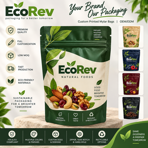 ถุงซิปล็อคแบบตั้งได้ EcoRev ECO65 สำหรับบรรจุภัณฑ์เครื่องดื่ม ทำจากไมลาร์ พิมพ์ลายตามสั่งด้วยระบบออฟเซ็ต นำกลับมาใช้ใหม่ได้ รีไซเคิลได้ - Product Image 1