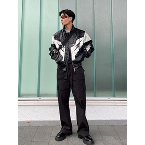 Men's Black Silver Leather <b>Jacket</b> Full Sleeve Color Blocked Windproof Racing Wear All Seasons <b>Motorcycle</b> Style - Product Image 3
