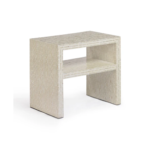 Mesita de noche con incrustaciones de patrón vertical único y estante abierto de lujo con nácar, gabinete de noche Capiz para uso doméstico. - Product Image 1