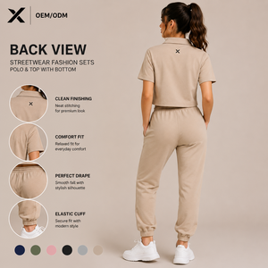 XSC Two-Piece Women's Athleisure Set: Tan Short-Sleeve Polo <b>Crop</b> <b>Top</b> & Matching High-Waist Joggers for Versatile Casual Styling - Product Image 3