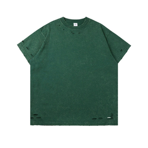 เสื้อยืดผู้ชายไซส์ใหญ่สีน้ำเงินฟอก ผ้าฝ้าย แขนสั้น คอกลม ทรงลำลอง สีพื้น ดีไซน์ขาดๆ ราคาถูก - Product Image 3