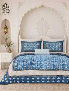 Couvre-lit traditionnel en coton 100% imprimé à la main Antra, motif floral bohème indien, anti-acariens, ensemble de qualité 3 pièces - Product Image 1