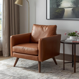 Sillón de Cuero Marrón Cognac de Lujo con Patas de Madera Maciza, Silla de Estilo Mid-Century para Sala de Estar, Oficina o Salón - Product Image 4