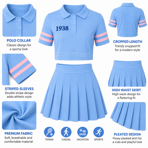 Ensemble polo et jupe style preppy Cosh International Sisterhood Sorority, bleu, broderie 1938, manches courtes, respirant, printemps - Product Image 5