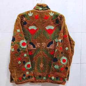 เสื้อแจ็คเก็ตผ้าฝ้ายสีน้ำตาลปักลายซูซานีสำหรับผู้หญิง สไตล์โบฮีเมียนลายดอกไม้ งานแฮนด์เมดสไตล์วินเทจ เสื้อคลุมลำลอง - Product Image 4