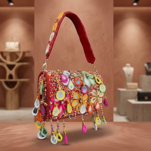 Handmade Beaded <b>Satchel</b> <b>Bag</b> Colorful Rectangle Pattern Flap Closure Shoulder Strap Lightweight Casual Fashion Evening Party - Product Image 1