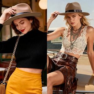 Classic Brown Wool Fedora <b>Hat</b> with Black Ribbon <b>Band</b> Wide Brim Unisex Casual Style for Spring Summer Adults - Product Image 6