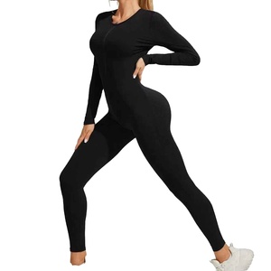 New Hot Sale Solid Color Ribbed Full Sleeves Zipper Skinny High Waist Breathable Quick Dry Women's <b>Bodysuit</b> - Product Image 2