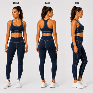 Women’s <b>Navy</b> Blue <b>Gym</b> <b>Set</b> High Waist Leggings Sports Bra Two Piece Activewear Workout Yoga Fitness Running Training Clothing <b>Set</b> - Product Image 3