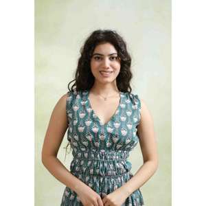 เดรสยาวพิมพ์ลายผ้าฝ้ายสำหรับผู้หญิง ชุดแม็กซี่โบโฮอินเดียทำมือ ชุดใส่ไปเที่ยวทะเลฤดูร้อน ชุดลำลองสำหรับงานเทศกาล - Product Image 5