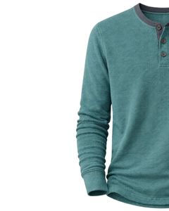 เสื้อยืดแขนยาวทรงเฮนลีย์ผ้าวาฟเฟิลสำหรับผู้ชาย สีเขียวอมฟ้า สวมใส่สบาย คอติดกระดุม เหมาะสำหรับฤดูหนาว ผ้าฝ้ายทรงเข้ารูป ระบายอากาศได้ดี - Product Image 3