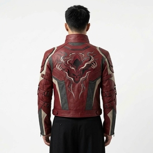 Mens <b>Burgundy</b> Red Genuine <b>Leather</b> Motorcycle <b>Jacket</b> Buckle High Neck Skull Embroidered Cyberpunk Biker Outerwear - Product Image 2