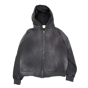 Sudadera con capucha y cremallera completa para hombre, estilo oversize con hombros caídos, lavado ácido personalizado, beige y negro, estilo vintage, streetwear - Product Image 6