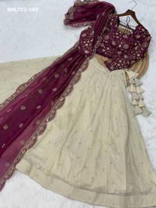 Premium Quality Cosmos with Zari-<b>Sequin</b> Embroidered Kali-<b>Flared</b> Lehenga-Sindoor Silk Choli Set Supplier from India - Product Image 6