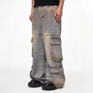Pantalon cargo en denim délavé pour homme JAYCAN SPORTS, coupe régulière, multi-poches, streetwear, jambe large, coton mi-lourd, respirant - Product Image 3