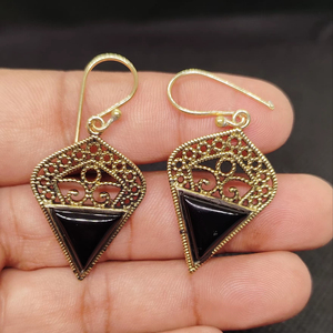 Premium quality smooth black onyx round shape drop stud <b>earring</b> brass 18k gold plated double gemstone fashion jewelry <b>earrings</b> - Product Image 1