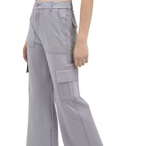 Pantalon cargo taille haute gris uni en toile pour femme, coupe décontractée longueur cheville avec poches, style printemps - Product Image 4