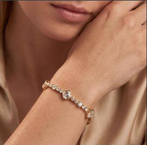 Bracelet tennis unisexe en or massif 18 carats avec pierres naturelles, maillons géométriques à taille brillante, classique, pour le quotidien, cadeau, fête, avec fermoir griffe - Product Image 1