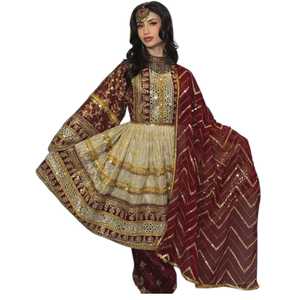 Vestido Maxi de Gasa y Cachemira para Mujer, Estilo Salwar Kameez Tribal Afgano Kuchi, con Decoración de Encaje, Estampado Elegante para Boda o Novia - Product Image 1