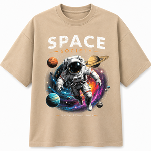 T-shirt noir pour homme à manches longues, col rond, coupe ample, imprimé astronaute Space Society, 100 % coton jersey respirant - Product Image 1