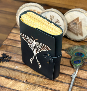 Handmade <b>Leather</b> Spell <b>Book</b>: Luna Moth Journal, Vintage Lock & Deckle Edge Paper - Product Image 2