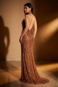 Vestido de Noche de Lujo al por Mayor en Oro Rosa con Lentejuelas, Vestido de Fiesta Formal de Sirena sin Espalda con Pedrería Pesada Hecha a Mano para Mujer OEM - Product Image 3