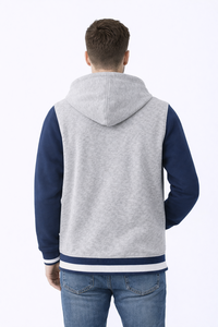 Sweat-shirt à capuche gris bleu pour homme, style universitaire décontracté, boutonné, avec manches contrastées, poignets côtelés et doublure en polaire douce - Product Image 3