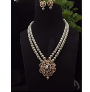 Premium Quality Natural White Round Pearls Set with CZ Stones Look Necklace & <b>Earrings</b> Set Women Girls Wedding Collection - Product Image 1