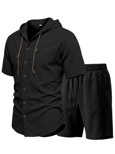 Men Solid Black Hooded Button-Up Shirt Set Short Sleeve Knitted Breathable Polyester/Cotton Quick Dry Casual Summer Outfit - Product Image 3