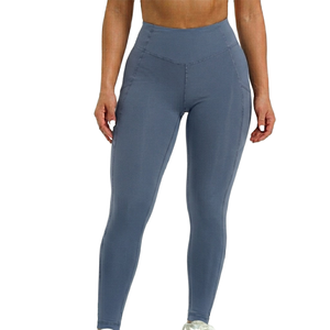 Dusty Blue Color <b>Leggings</b> <b>with</b> <b>Pocket</b> High Waist Full Length Knitted Spandex Polyester Breathable Quick Dry Women's Activewear - Product Image 1