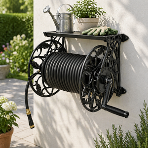Enrouleur de tuyau d'arrosage mural décoratif en métal 5/8 po x 125 pi avec étagère pour jardin et patio extérieur Vietnam ODGGAD016 - Product Image 5