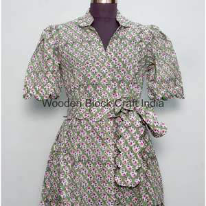 Vestido Midi Elegante de Manga Corta con Estampado Floral para Mujer, Estilo Casual Vintage, 100% Algodón, Cintura Natural con Cinturón, Transpirable y Lavable - Product Image 4