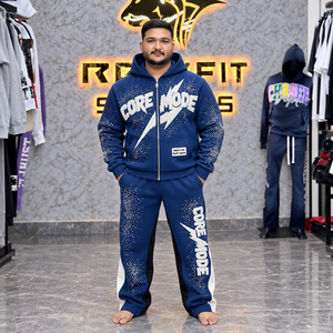 <b>Mens</b> <b>Navy</b> Zip Hoodie Tracksuit Applique Rhinestone Spray Wide Leg <b>Jogger</b> Cotton Fleece Winter Custom Label Set - Product Image 1