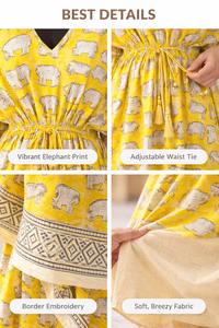 Robe en coton à imprimé éléphant jaune, col en V, longueur cheville, avec ceinture ajustable, tenue décontractée d'été pour femme, robe professionnelle faite à la main - Product Image 2