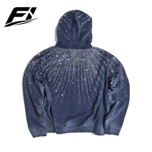 Blouson à capuche orné pour homme, fermeture éclair intégrale, manches longues, bleu foncé, style streetwear, vente en gros, vêtements d'extérieur décontractés, fabricant - Product Image 2