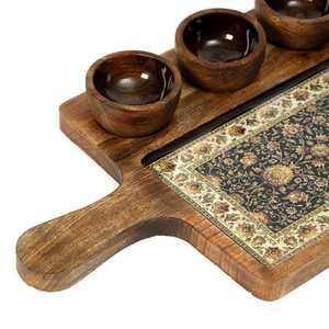 Handmade Wooden <b>Cake</b> <b>Stand</b> with Four Pieces Rectangle Shape Decorative Inlay Design Eco-Friendly Dessert Platter Hand Wash Only - Product Image 3