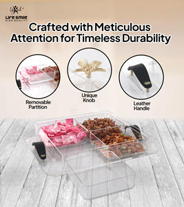 Plateau de service en acrylique de luxe avec poignées en cuir noir, couvercle inclus, organiseur multi-usages à 4 compartiments - Product Image 3