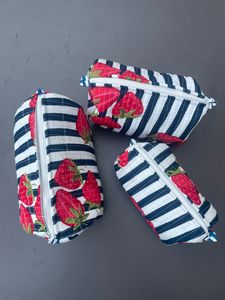 Cotton Quilted Cosmetic Bag Navy White Stripes <b>Strawberry</b> Pattern Zipper Closure Fashion Women's Daily Use Cotton Quilted Pouch - Product Image 4