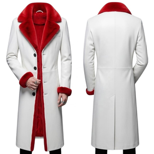 Abrigo largo blanco para hombre con cuello y puños de piel roja, abrigo tipo trench de un solo botón, material de lana gruesa, solapa con muescas - Product Image 4