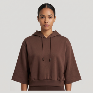 Sudadera con capucha extragrande OEM al por mayor para mujer, de manga corta, de felpa francesa gruesa, con cremallera, lentejuelas y logotipo personalizado, color marrón. - Product Image 1