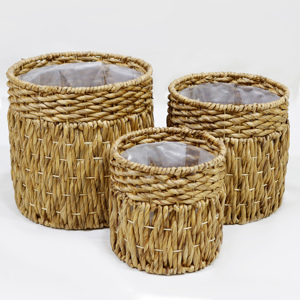 Round Water Hyacinth Storage Bins Set of 3 Natural Rattan Bohemian Style Indoor Outdoor Organizers <b>Stackable</b> Design for Sun - Product Image 1