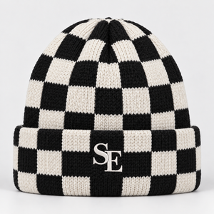 Bonnet tricoté personnalisé à motif damier, style streetwear, unisexe, chaud, avec revers, mode, OEM ODM, vente en gros, logo SE brodé - Product Image 1