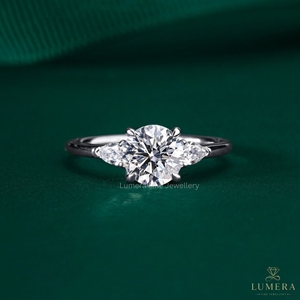 Lab Grown Diamond Three Stone Engagement <b>Ring</b>, Side Pear Stone Solid <b>Plain</b> Band Open Basket Setting Minimalist Daily Wear <b>Ring</b> - Product Image 2