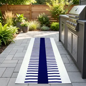 Alfombra de Camping a Rayas para Exteriores, Rectangular, Azul Marino y Blanco, Tejido Plano, Antideslizante, Estilo Moderno, Delgada, de Poliéster PET, Apta para Mascotas - Product Image 2