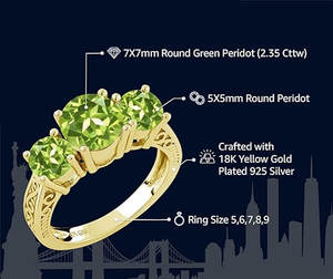Anillo de Peridoto Verde Elegante al por Mayor, Chapado en Oro Amarillo, con Cinco Piedras Engastadas, Joyería para Aniversario de Bodas para Mujer - Product Image 4