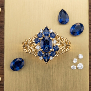 14K Yellow <b>Gold</b> Vintage Sapphire <b>Ring</b> Oval Pear Blue Gemstone Claw <b>Set</b> Leaf Band Anniversary Jewelry - Product Image 1