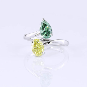 Anillo de compromiso Toi et Moi con diamante cultivado en laboratorio, certificado IGI, verde vivo en forma de pera, amarillo vivo ovalado, en oro de 10K, 14K, 18K y plata 925, con baño de rodio. - Product Image 1